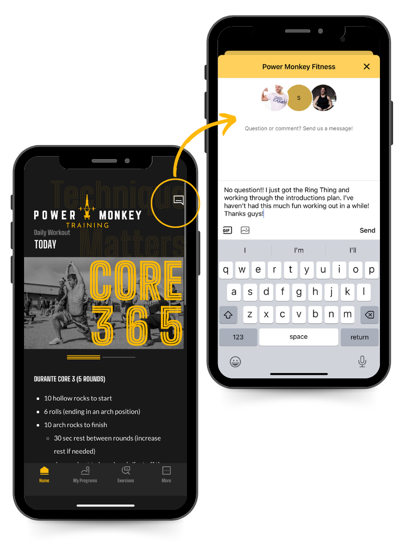 Phone image of the chat with us feature in the Power Monkey Training app. A user is asking the coach about the Ring Thing Introductions plan.