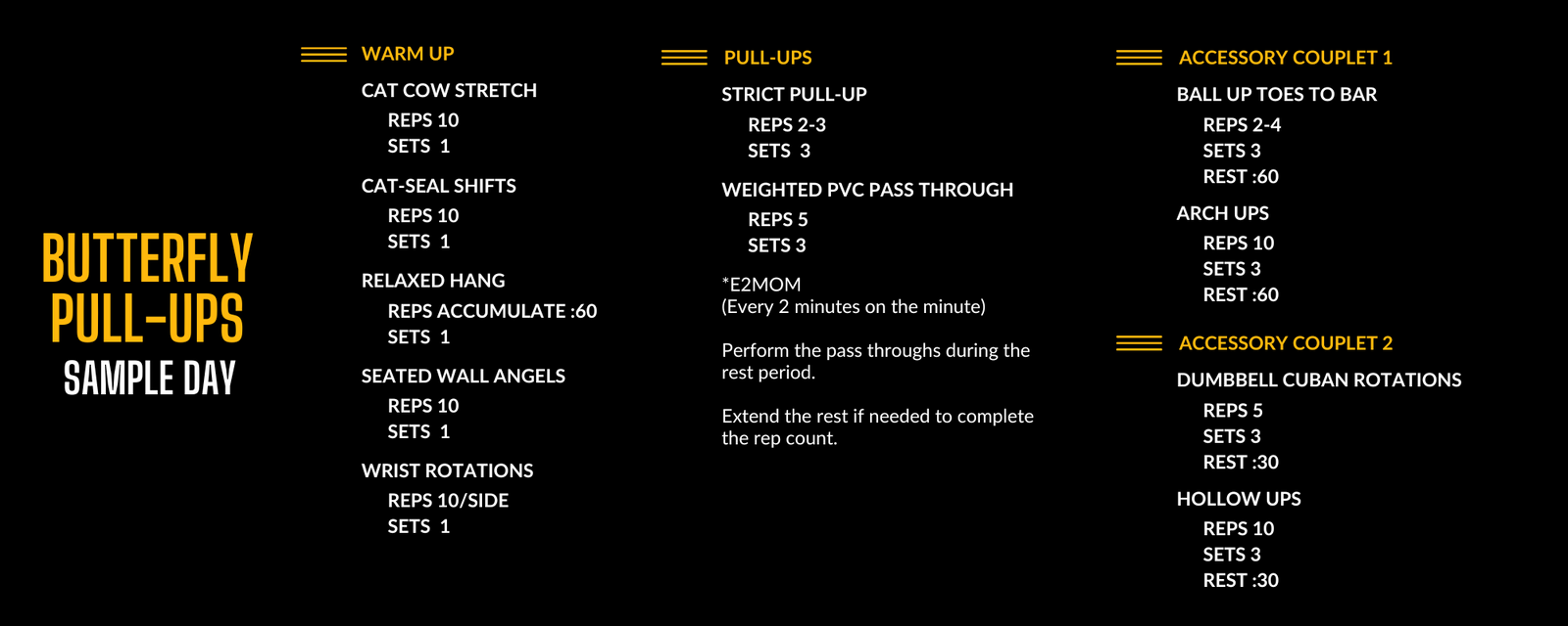 Power Monkey Training Butterfly Pull-Up sample day plan that includes a warm up, pull-ups, and accessory couplets