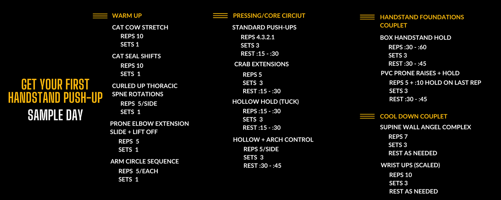 Sample day of the Handstand Push-up program in the Power Monkey Training app.