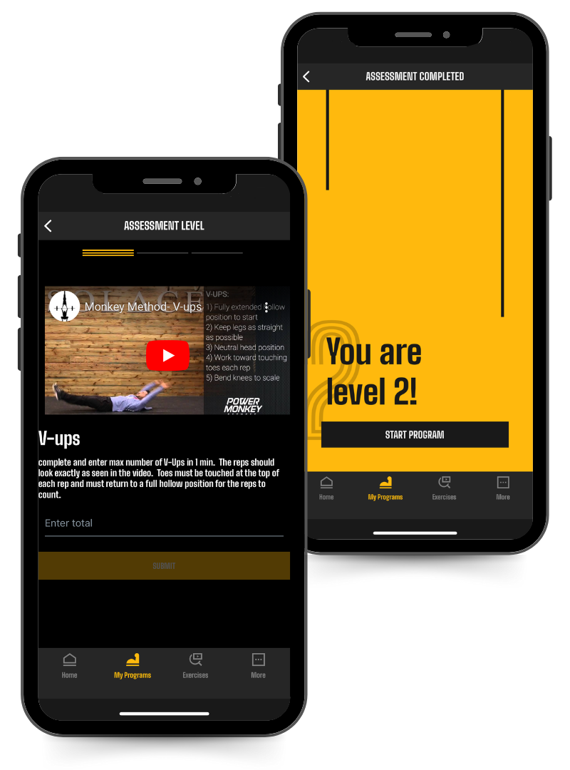 Phone screen image of V-ups in the Core 365 plan in the Power Monkey Training App.